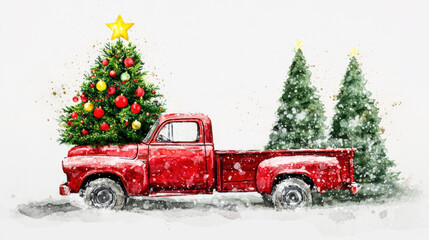 Sticker - Red Truck Christmas Tree.