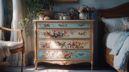 Wall Mural - A French Provincial chest of drawers with delicate hand-painted floral details, placed in a softly lit bedroom adorned with antique decor