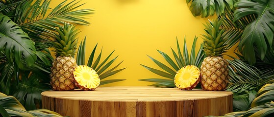 Wall Mural - there are two pineapples on a wooden table with green leaves