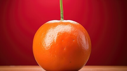 Wall Mural - One tangerine on red background  