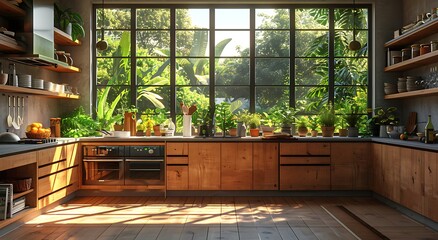 Poster - there is a kitchen with a window and a lot of plants