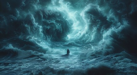 Poster - there is a man standing in the middle of a large wave