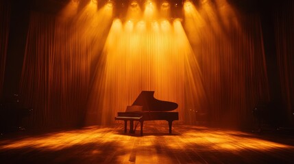 Grand Piano on Illuminated Stage with Dramatic Lighting