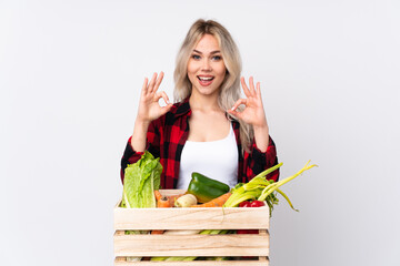 Wall Mural - Farmer girl holding a basket full of fresh vegetables over isolated white background showing an ok sign with fingers