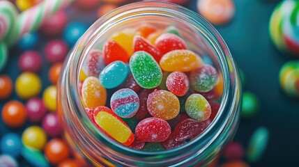 A clear jar full of colorful candies on a table, captured from above, offering a high-angle view with playful, vibrant candy tones.