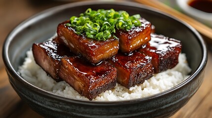 Wall Mural - there is a bowl of rice with meat and green onions on top