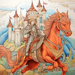 Wall Mural - there is a drawing of a woman riding a horse in front of a castle