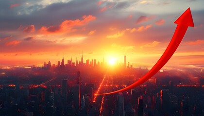 Wall Mural - Vibrant cityscape featuring a red arrow ascending towards a radiant sunset, embodying themes of growth, opportunity, and progress