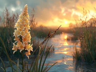 Wall Mural - Golden Hour Flower by a Stream - Nature Photography