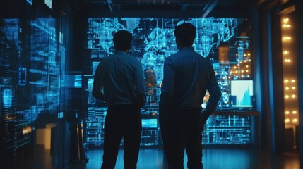 Silhouettes of Two People Observing a Futuristic Digital Display