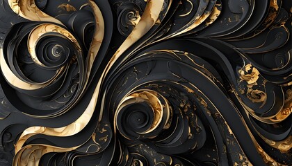 Luxurious abstract swirling pattern in black and gold with intricate details, perfect for backgrounds and design elements