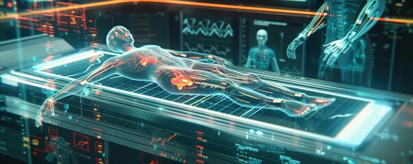 A highly detailed, realistic AI-driven medical scanner analyzing a patienta??s body in real-time, with holographic data streams visualizing diagnostics.