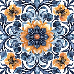 Sticker - Floral tile pattern in blue and orange.