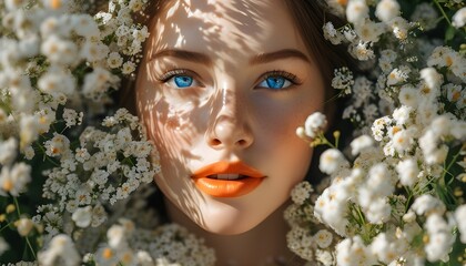 Wall Mural - Radiant woman surrounded by white blooms, illuminated by dappled sunlight, featuring bright blue eyes and soft orange lips