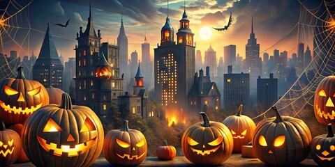 Halloween-themed cityscapes with pumpkins and cobwebs