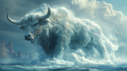 Mystical Water Bull  Sea Monster  Mythical Creature  Ocean  Cloud  Stormy Sky   Fantasy  Digital Art