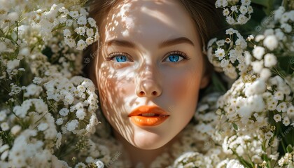 Wall Mural - Radiant woman surrounded by white blooms, illuminated by dappled sunlight, featuring bright blue eyes and soft orange lips