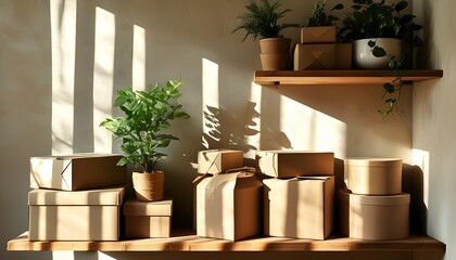 Wall Mural - Sunlit wooden shelf adorned with brown paper wrapped boxes and vibrant plants, shadows dancing on the wall through the window.