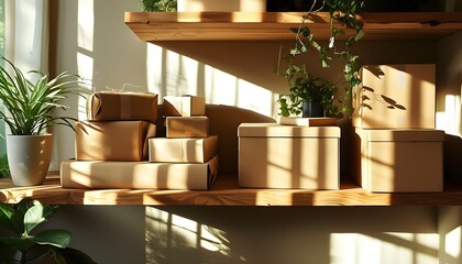 Wall Mural - Sunlit wooden shelf adorned with brown paper wrapped boxes and vibrant plants, shadows dancing on the wall through the window.