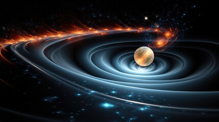 Wall Mural - a swirling galaxy with a glowing planet at its center, surrounded by a ring of stars and a fiery neb