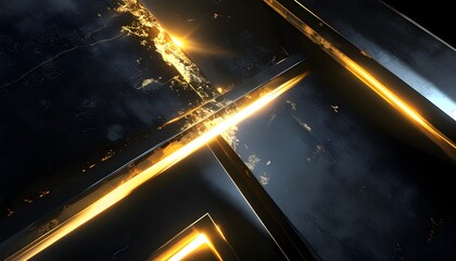 Wall Mural - Illuminated abstract black and gold metal backdrop with shimmering lights