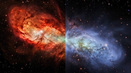 Wall Mural - A mesmerizing cosmic dance of red and blue nebulae, swirling with stardust and glittering with distant stars.