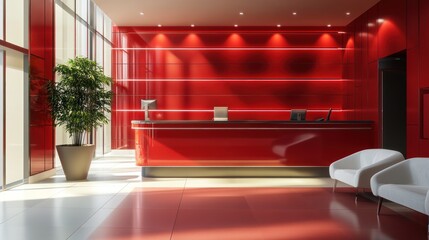 Sticker - Reception Area with Red Walls and Modern Design