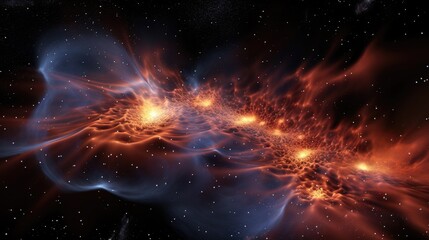 Wall Mural - A mesmerizing cosmic landscape with a fiery orange nebula and a swirling blue cloud, creating a stunning contrast against the backdrop of a twinkling