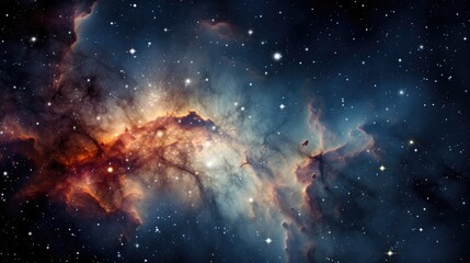 Wall Mural - A stunning view of a nebula in deep space, with swirling clouds of gas and dust illuminated by distant stars.