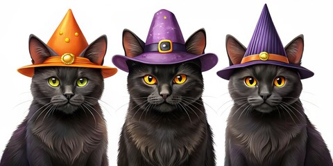 Wall Mural - illustrations of black cats in witch hats