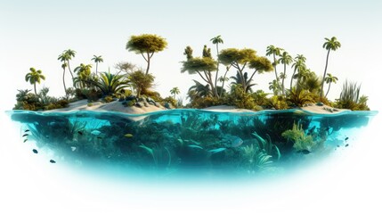 Wall Mural - A tropical island paradise with lush palm trees and vibrant green foliage, half submerged in crystal-clear turquoise waters teeming with colorful fish