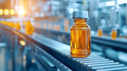 A close-up of an amber glass vial on a production line, highlighting pharmaceutical manufacturing processes in a modern facility.