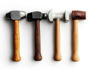 Four Different Types of Hammers with Wooden Handles