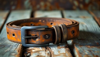 Vintage leather belt with metal buckle on rustic wooden table amidst a soft-focus rusty backdrop