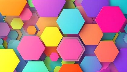 Vibrant abstract composition featuring dynamic hexagonal shapes in a spectrum of colors