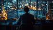 © MINDEYEVISION - A land investor in a sleek office environment, examining property charts and graphs on multiple monitors, with the urban landscape of a bustling cityscape seen outside the glass windows