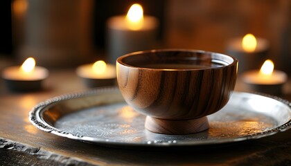 tranquil setting of a wooden bowl filled with liquid on a silver tray illuminated by soft candlelight