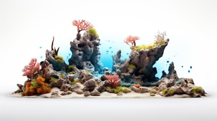 Wall Mural - A beautiful underwater scene with coral, rocks, and sand. The water is clear and blue, and the sun is shining brightly.