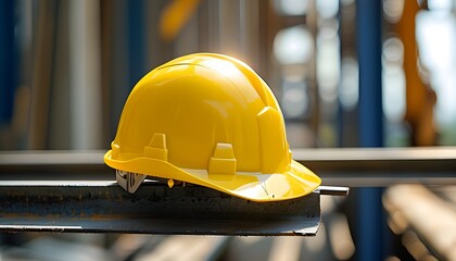 Bright yellow hard hat resting on metal beam under the sun, symbolizing safety and diligence in construction and industrial work