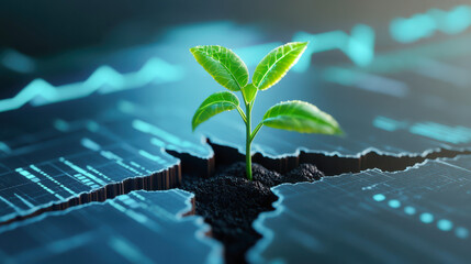 Green Plant Sprouting Through Abstract Data Background