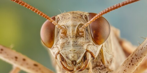 Extreme macro shot of a cricket's head showing fine details of antennae and eyes in sharp focus.