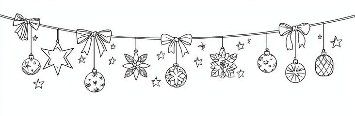 Christmas decorations and toys on a white background. Continuous modern drawing, background, banner, illustration.