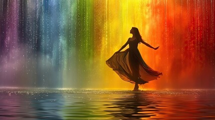 Wall Mural - A silhouette of a woman dancing gracefully in front of a vibrant rainbow waterfall. The colorful water cascades down, creating a mesmerizing backdrop. The scene reflects a sense of joy and freedom.