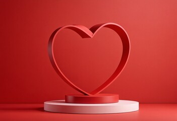 Red product display podium on red background, heart shape ribbon bending around podium. Valentines day modern minimalistic mockup, podium display for product presentation. Ai generated image