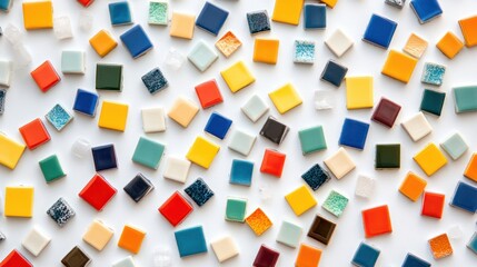 A flat lay of tiny mosaic tiles in various colors, spread out randomly across a white surface