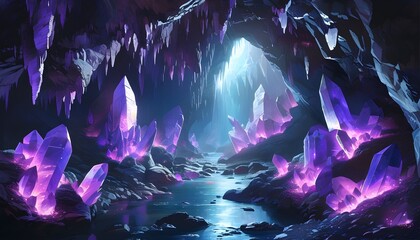 Wall Mural - Enchanted cave illuminated by radiant purple crystals casting an otherworldly glow