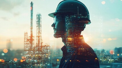 a double exposure image featuring a project engineer and an artificial intelligence interface, symbo