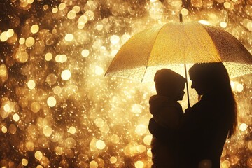 Silhouette of Mother and Child Under Umbrella