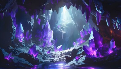 Wall Mural - Enchanted cave illuminated by radiant purple crystals casting an otherworldly glow