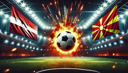 Wall Mural - Latvia vs North Macedonia Football Match with soccer ball on the background of the soccer stadium, UEFA Nations League C, Group 4, Match Concept